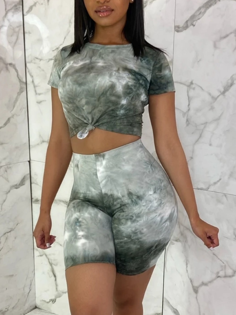 

Lovely Casual O Neck Tie Dye Black And White Two Piece Shorts Set