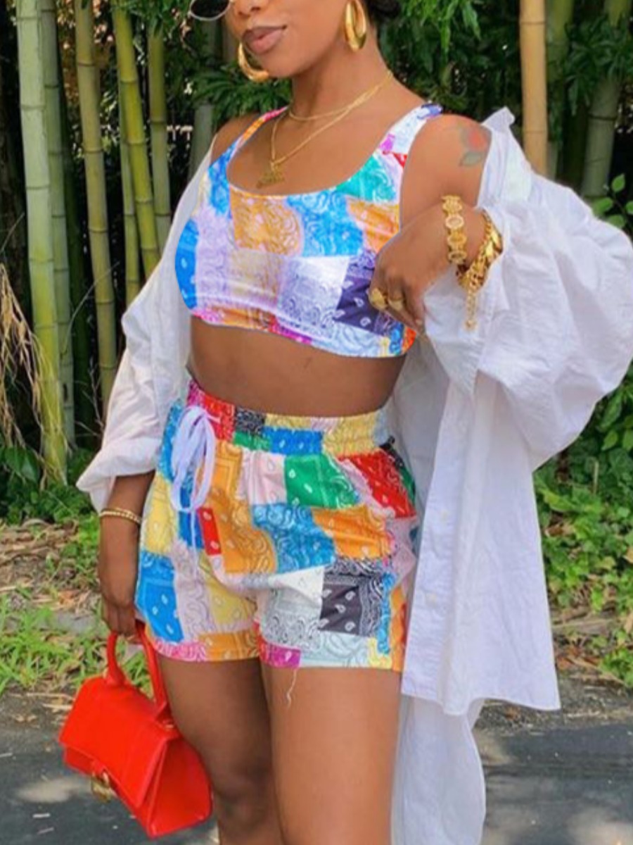 

Lovely Street Color-lump Drawstring Multicolor Two Piece Shorts Set(Without Outwear), Multi