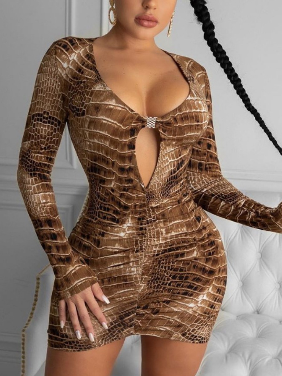 

Lovely Casual Cobra Print Hollow-out Coffee Mini Dress