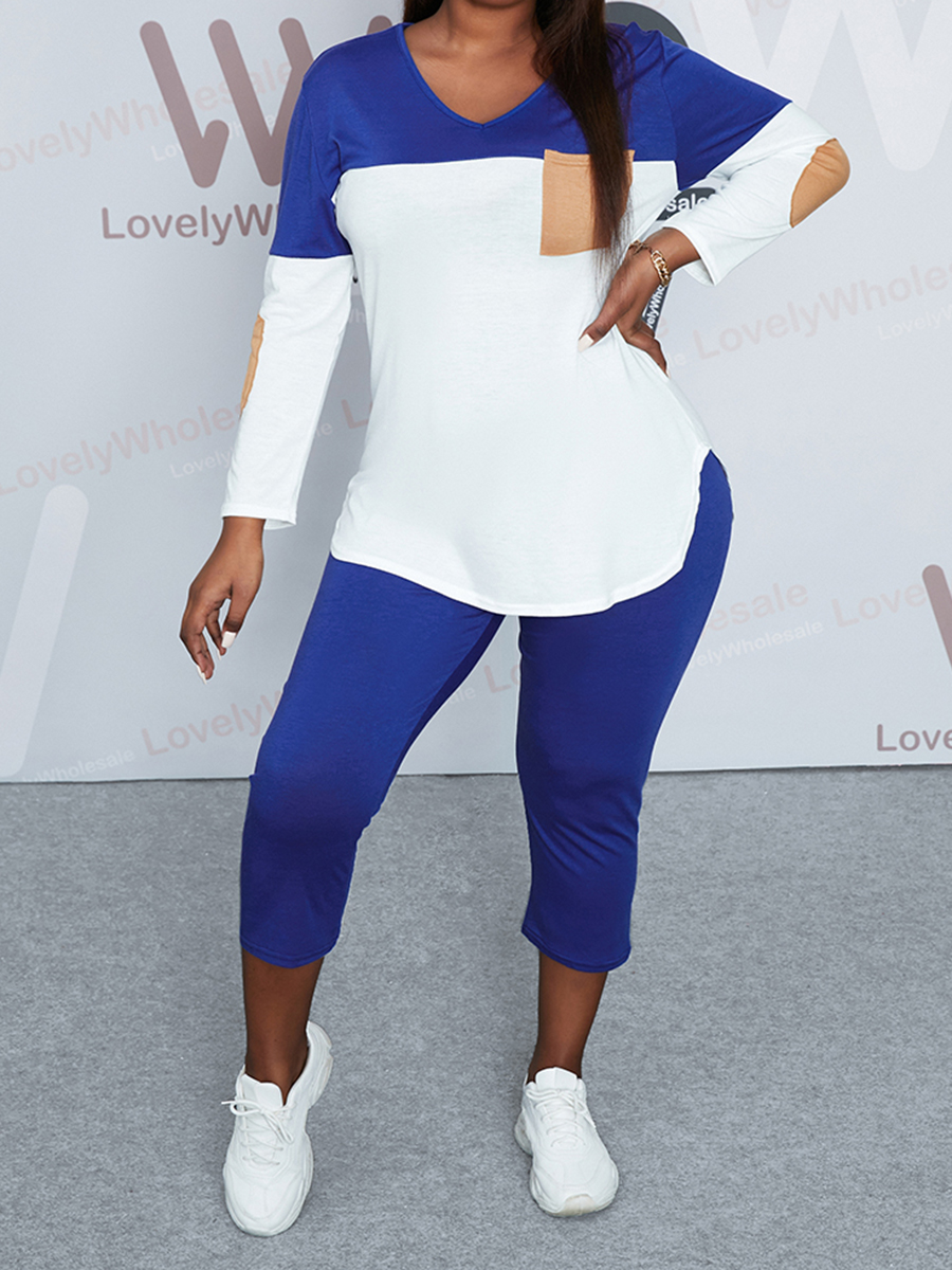 

Lovely Plus Size Casual Color-lump Patchwork Blue Two-piece Pants Set
