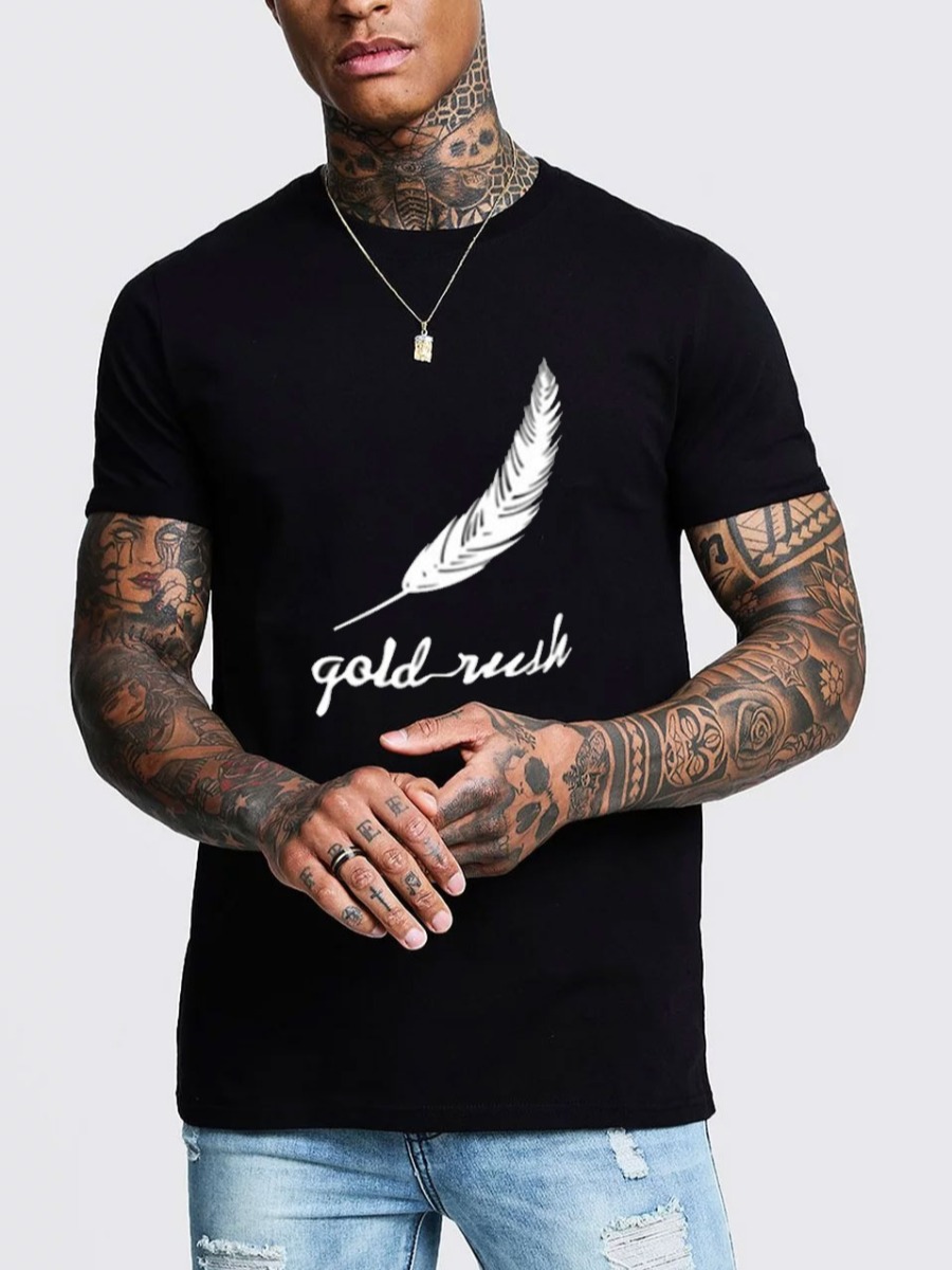 

Lovely Men Casual Feather Letter Print Milk Pitch-black T-shirt