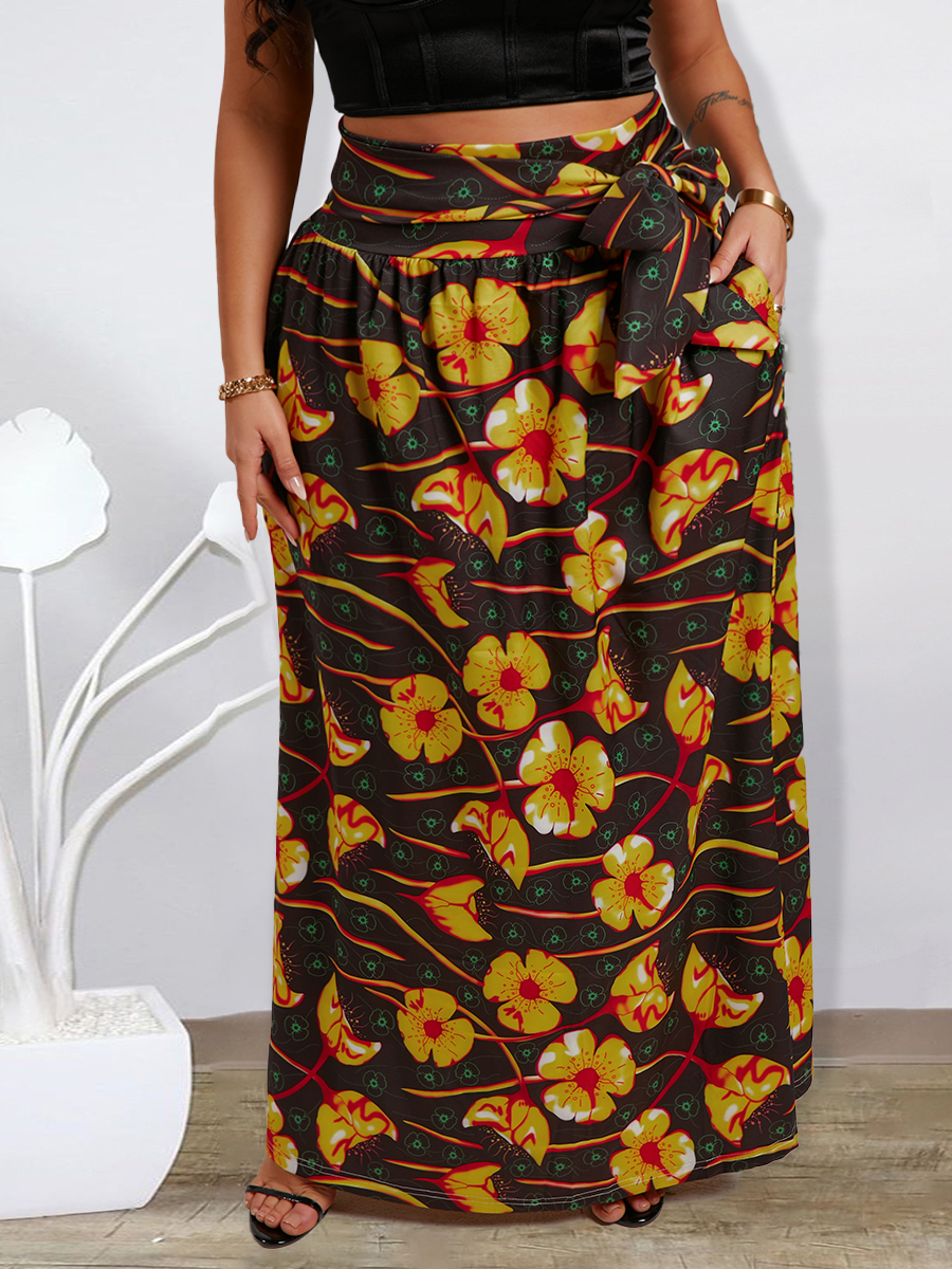 

Lovely Boho Floral Print Bandage Design Yellow Floor Length A Line Plus Size Skirt