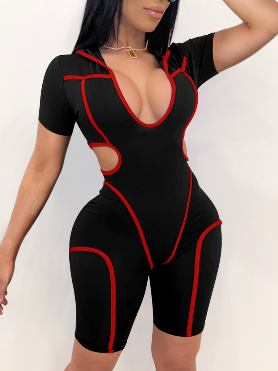 

Lovely Sporty Striped Hollow-out Black one-piece Romper