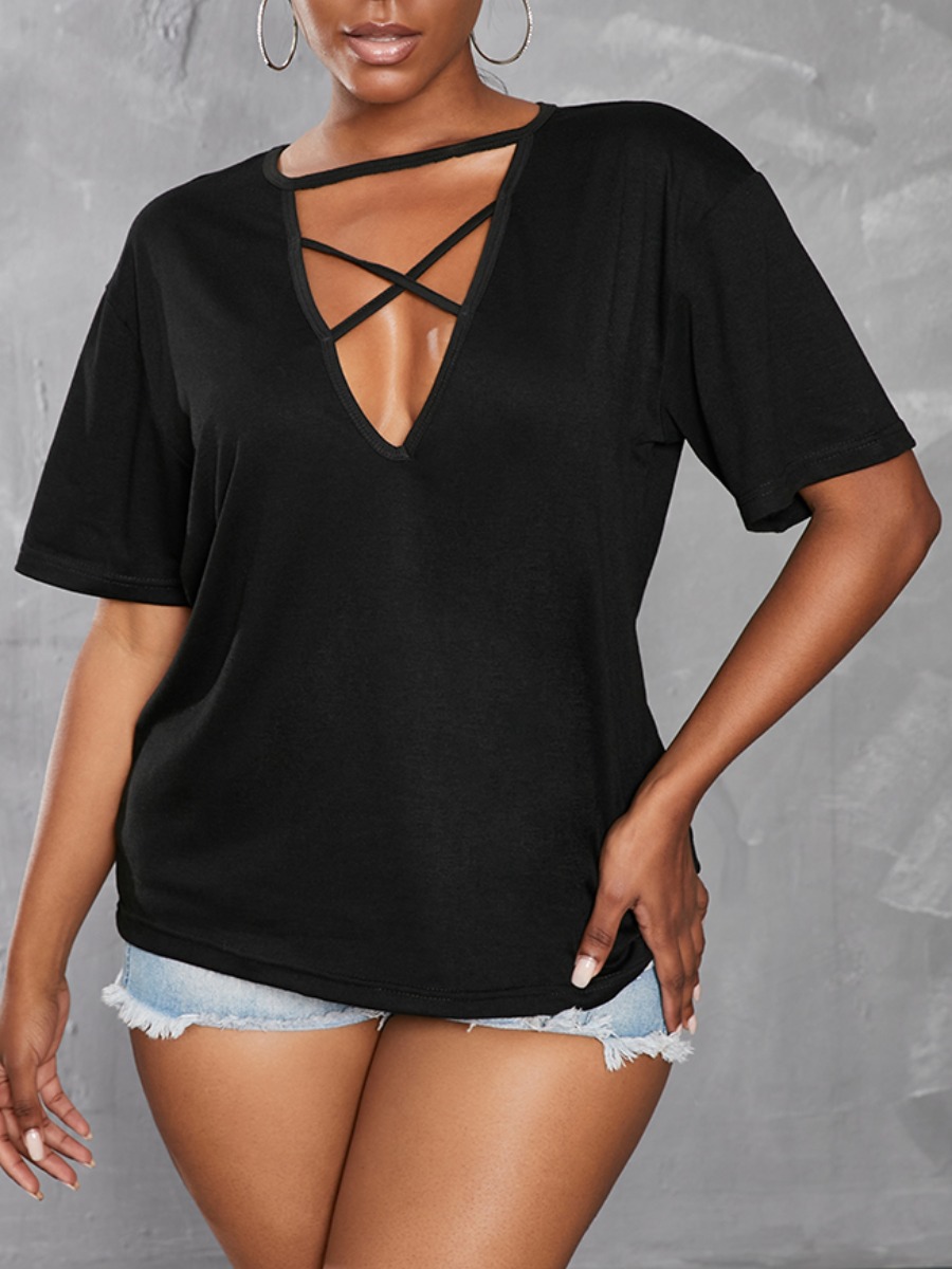 

Lovely Casual Bandage Hollow-out Design Black T-shirt