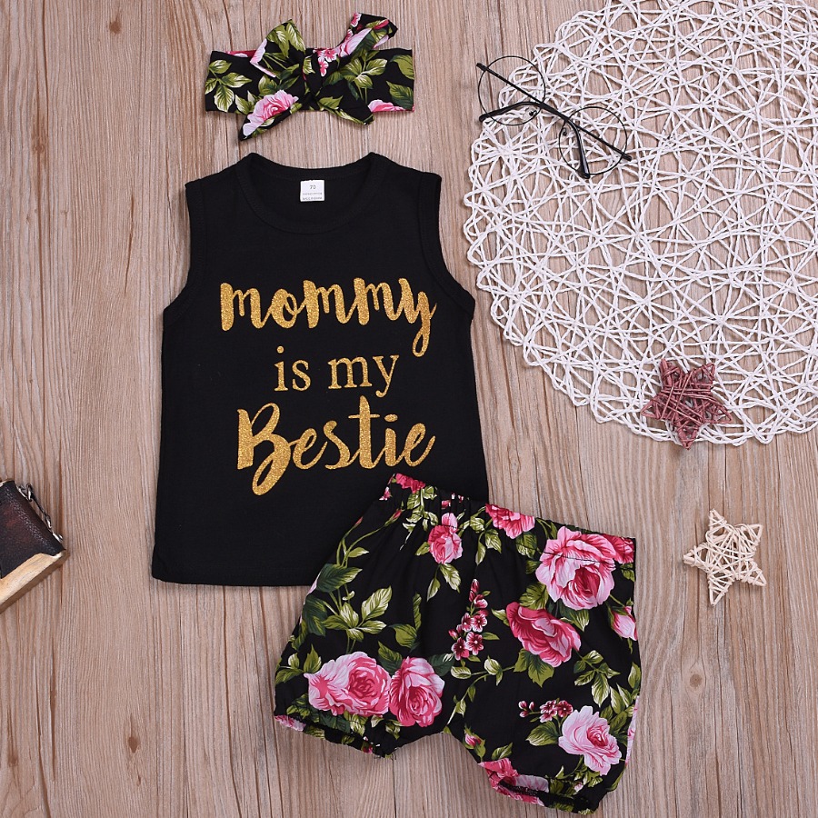 

Lovely Girl Sweet Floral Print Bow-tie Decor Black Three Piece Shorts Set