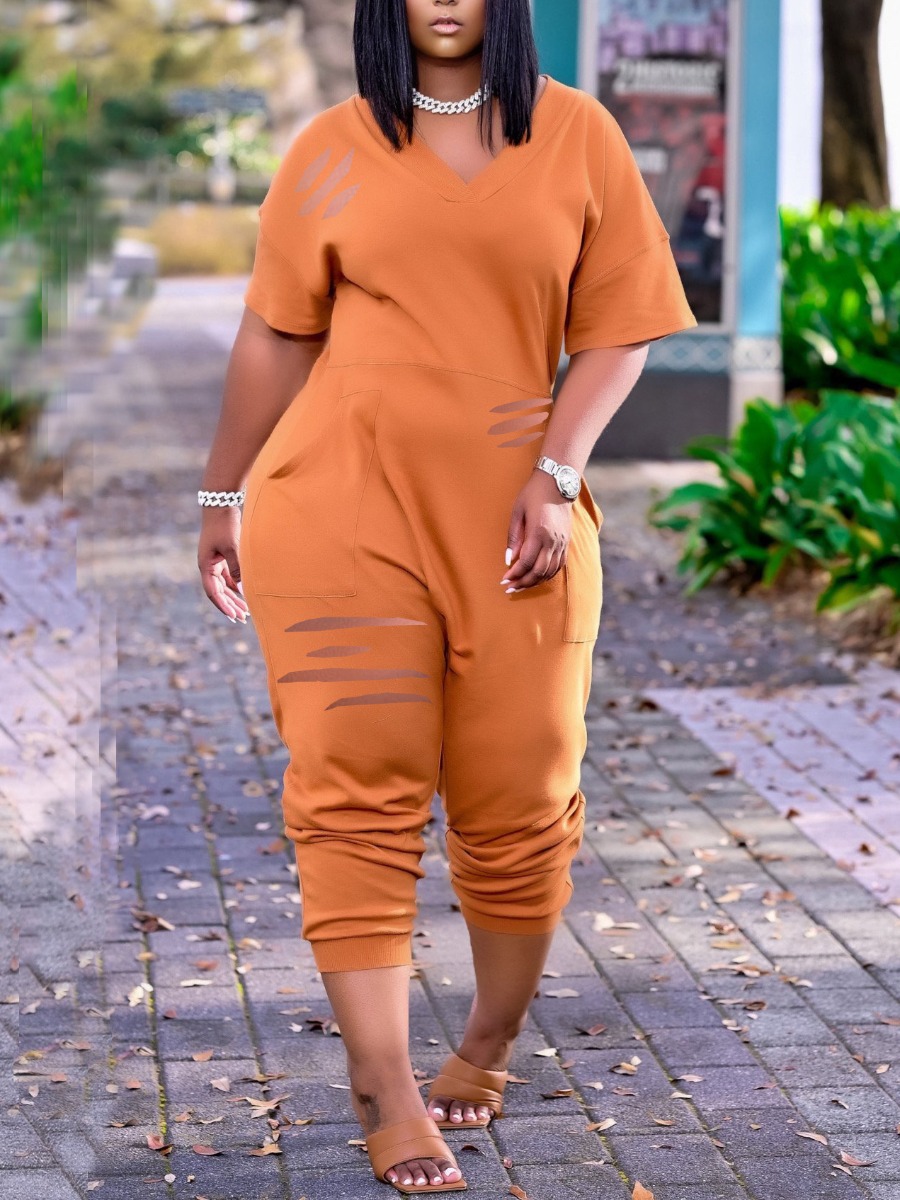 

Lovely Street Dropped Shoulder Ripped Orange One-piece Jumpsuit