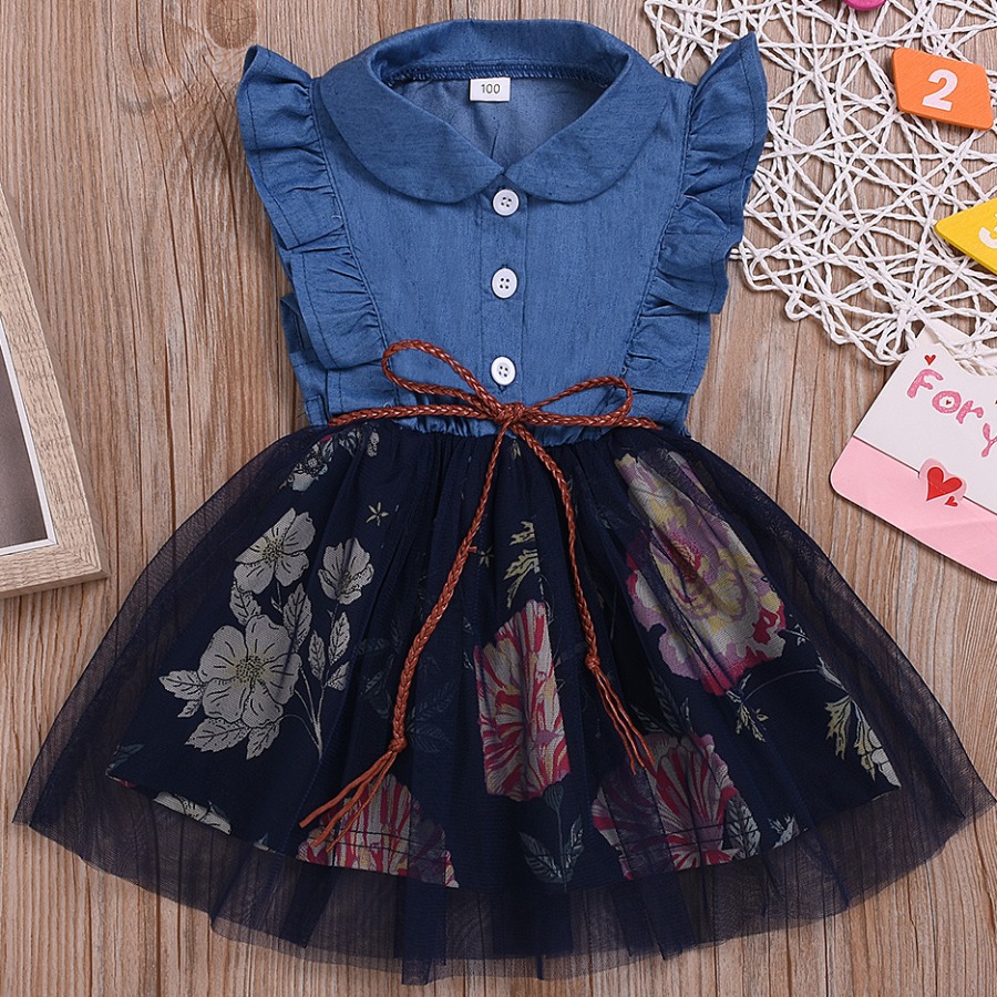 

Lovely Girl Street Floral Print Mesh Flounce Design Blue Knee Length Dress