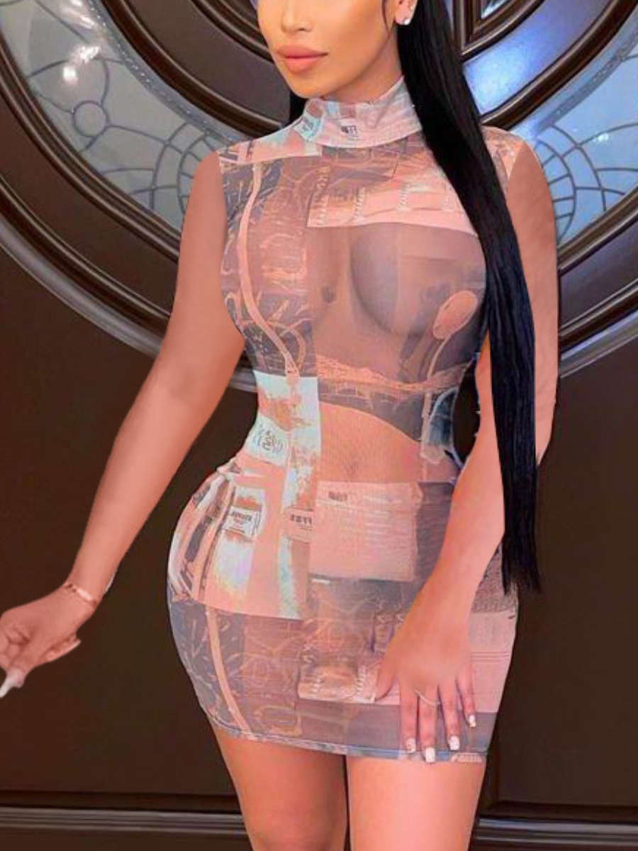 

Lovely Street Print See-through Khaki Mini Dress