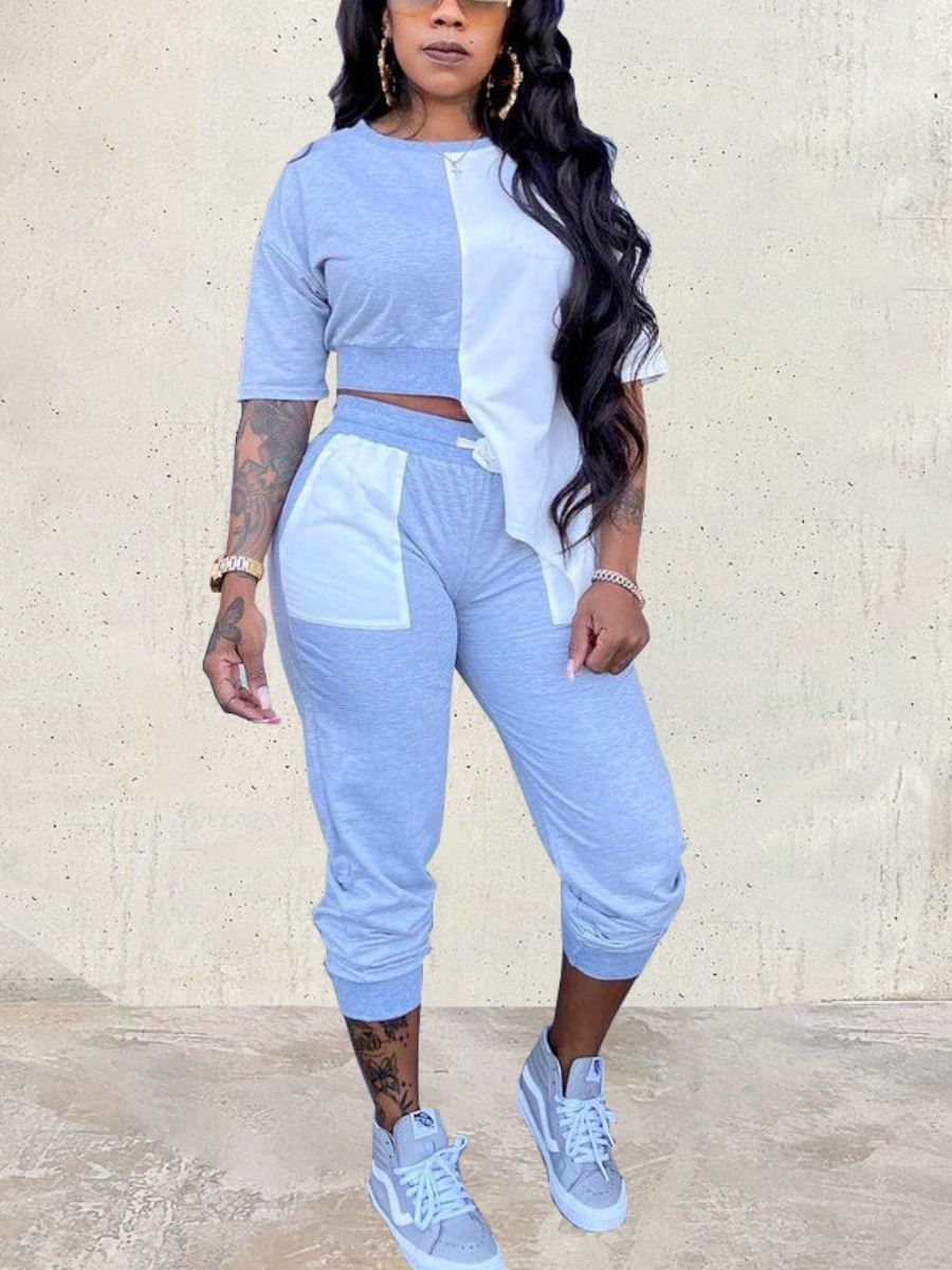 

Lovely Casual Dropped Shoulder Color-lump Asymmetrical Baby Blue Two Piece Pants Set
