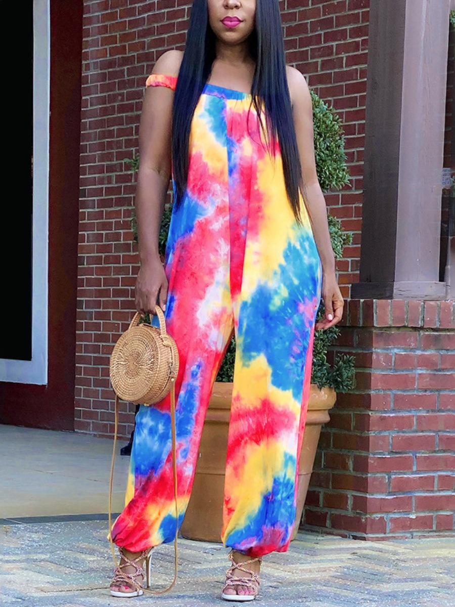 

Lovely Plus Size Street One Shoulder Tie-dye Multicolor One-piece Jumpsuit, Multi