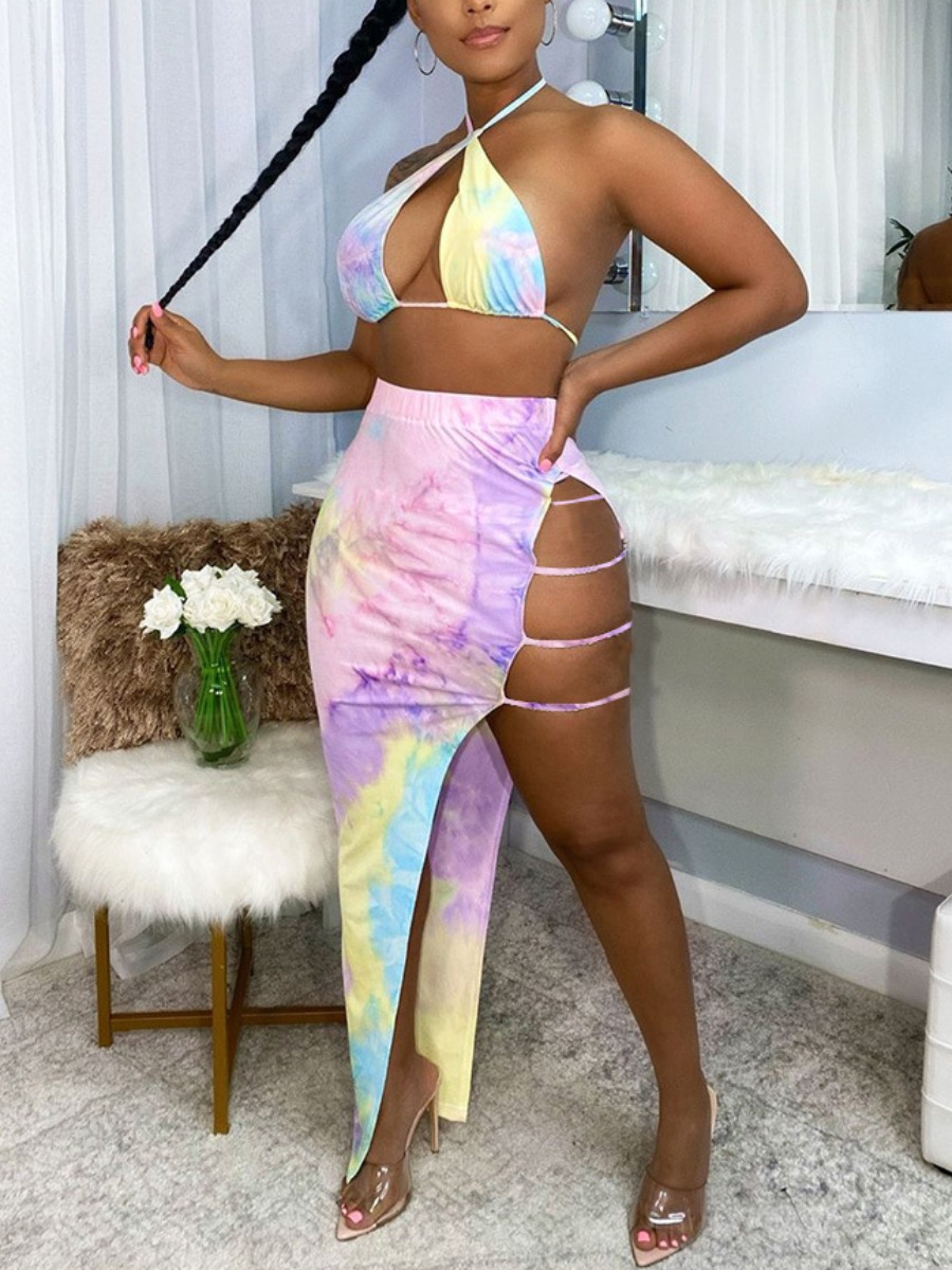 

Lovely Sexy Tie Dye Asymmetrical Pink Two Piece Skirt Set