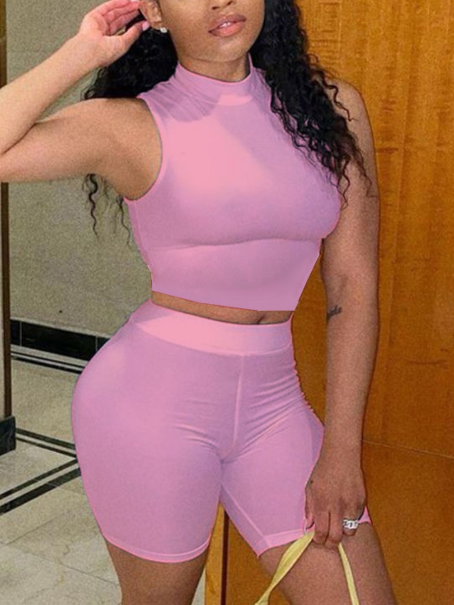 

Lovely Sporty Half A Turtleneck Basic Skinny Pink Two Piece Shorts Set