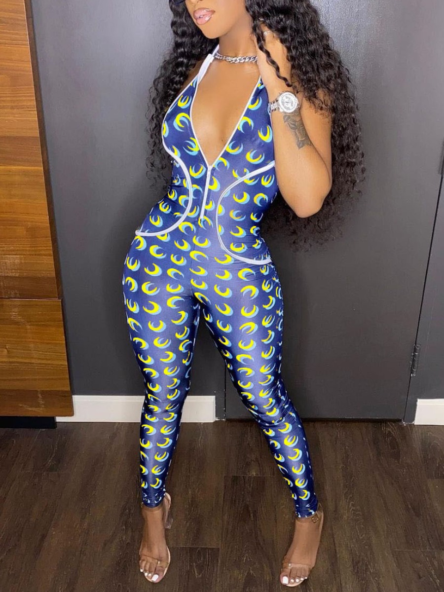 

Lovely Street Backless Moon Print Blue One-piece Jumpsuit