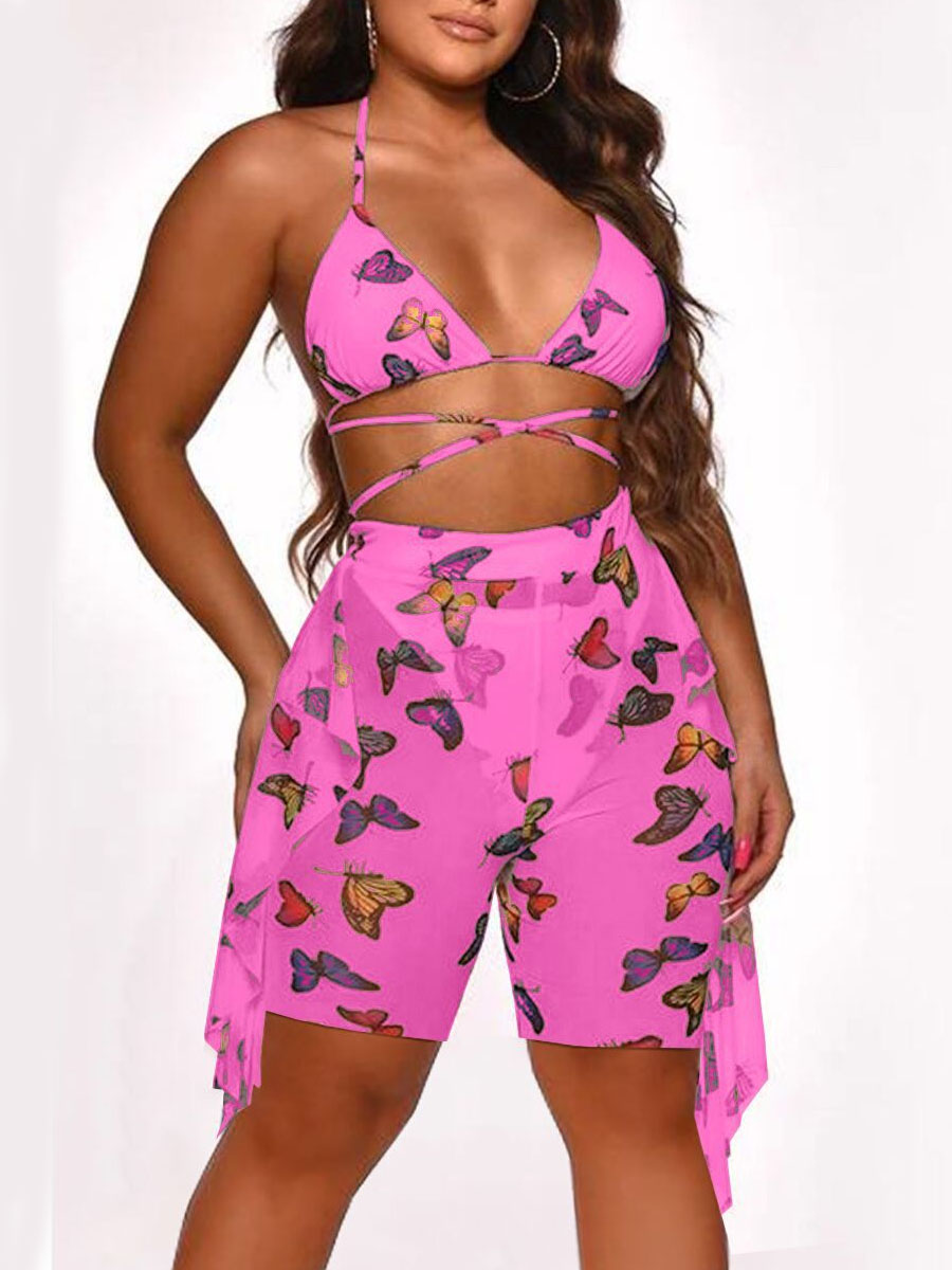 

Lovely Boho Butterfly Print Flounce Design Rose Red Three-piece Swimsuit