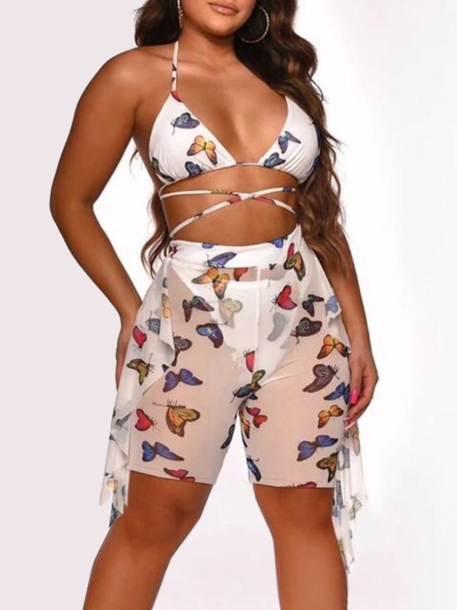 

Lovely Boho Butterfly Print Flounce Design White Three-piece Swimsuit