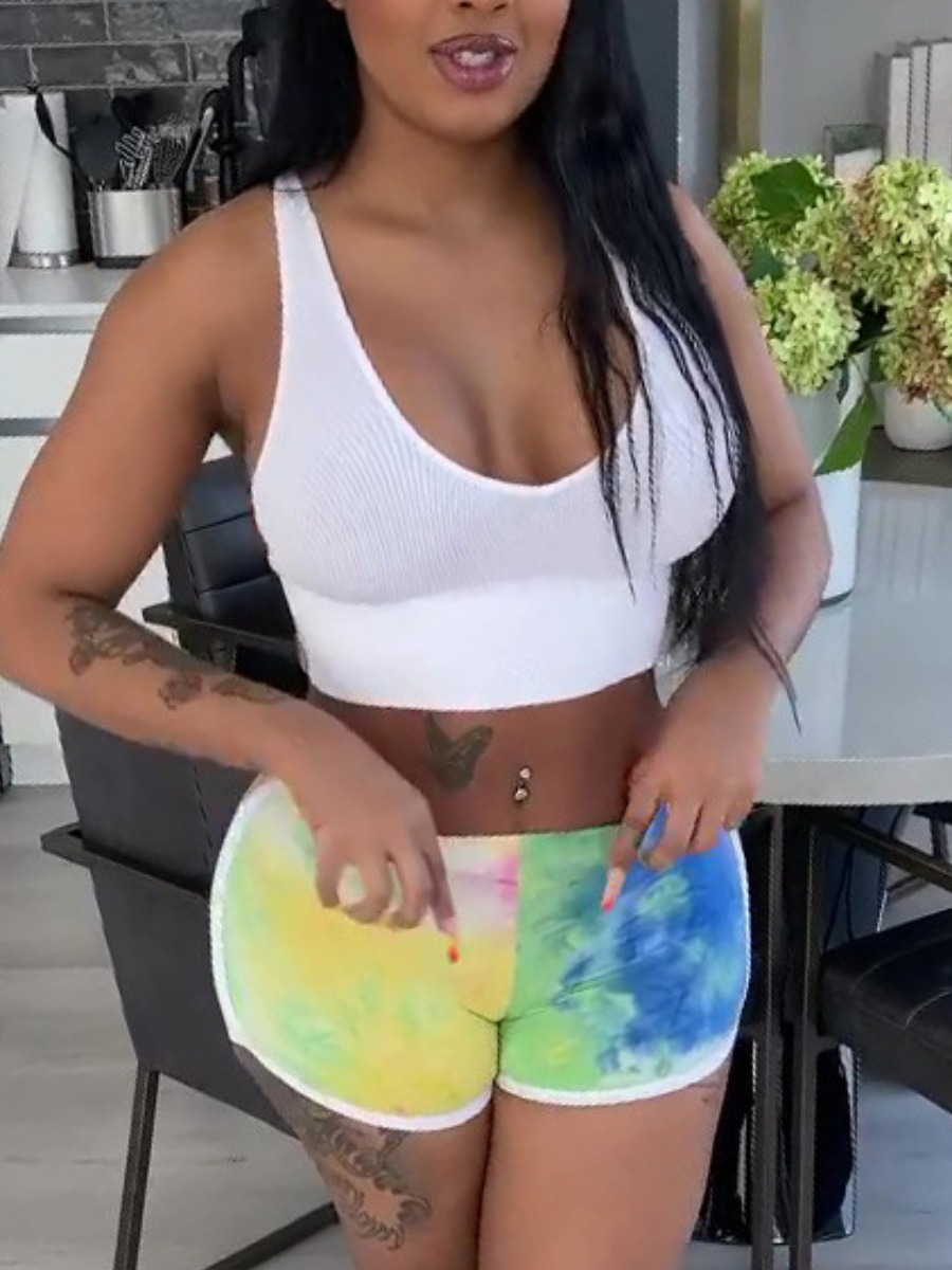 

Lovely Casual U Neck Tie Dye Multicolor Two Piece Shorts Set, Multi
