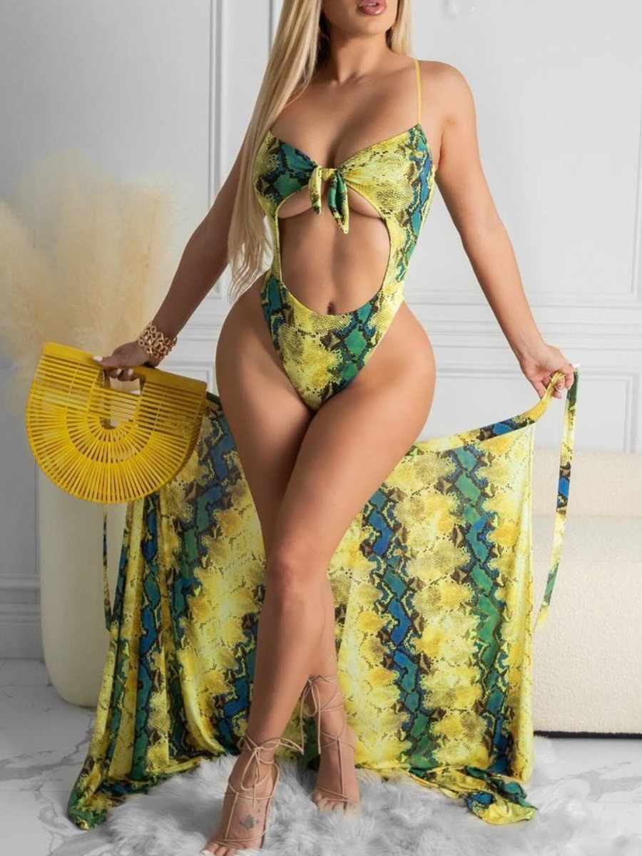 

Lovely Boho Animal Print Hollow-out Yellow One-piece Swimsuit(With Cover-up)
