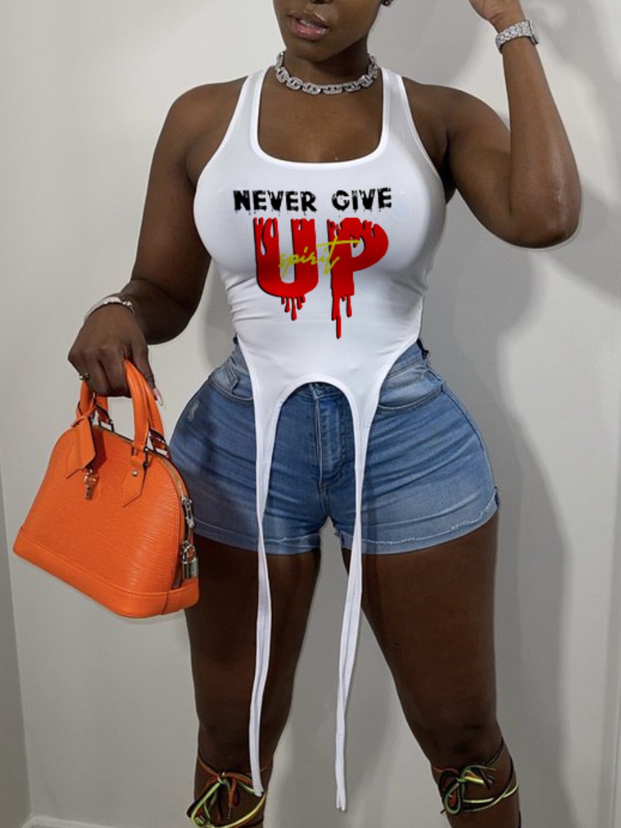 

Lovely Street Letter Print Asymmetrical White Camisole