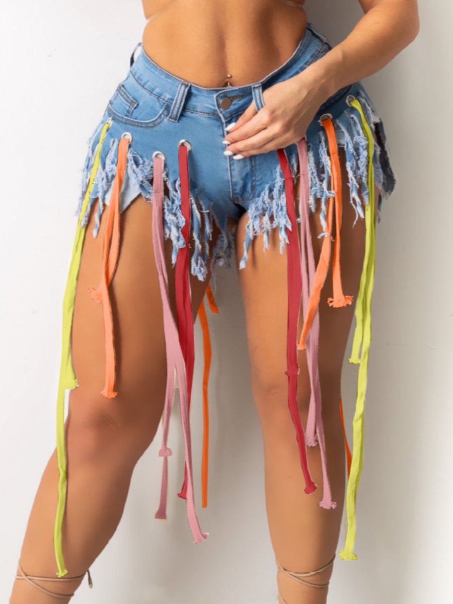 

Lovely Casual Raw Edge Tassel Design Blue Denim Shorts