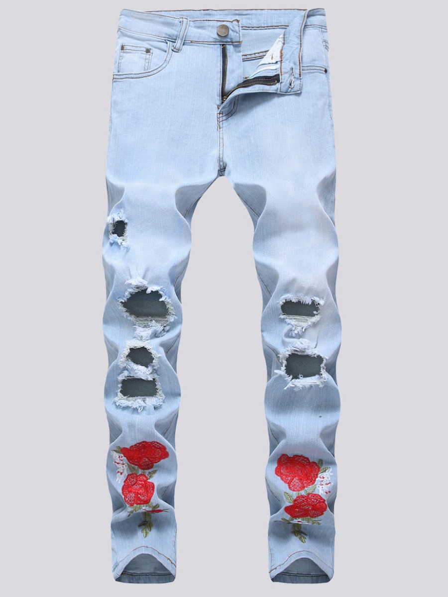 

Lovely Men Street Ripped Patchwork Baby Blue Jeans