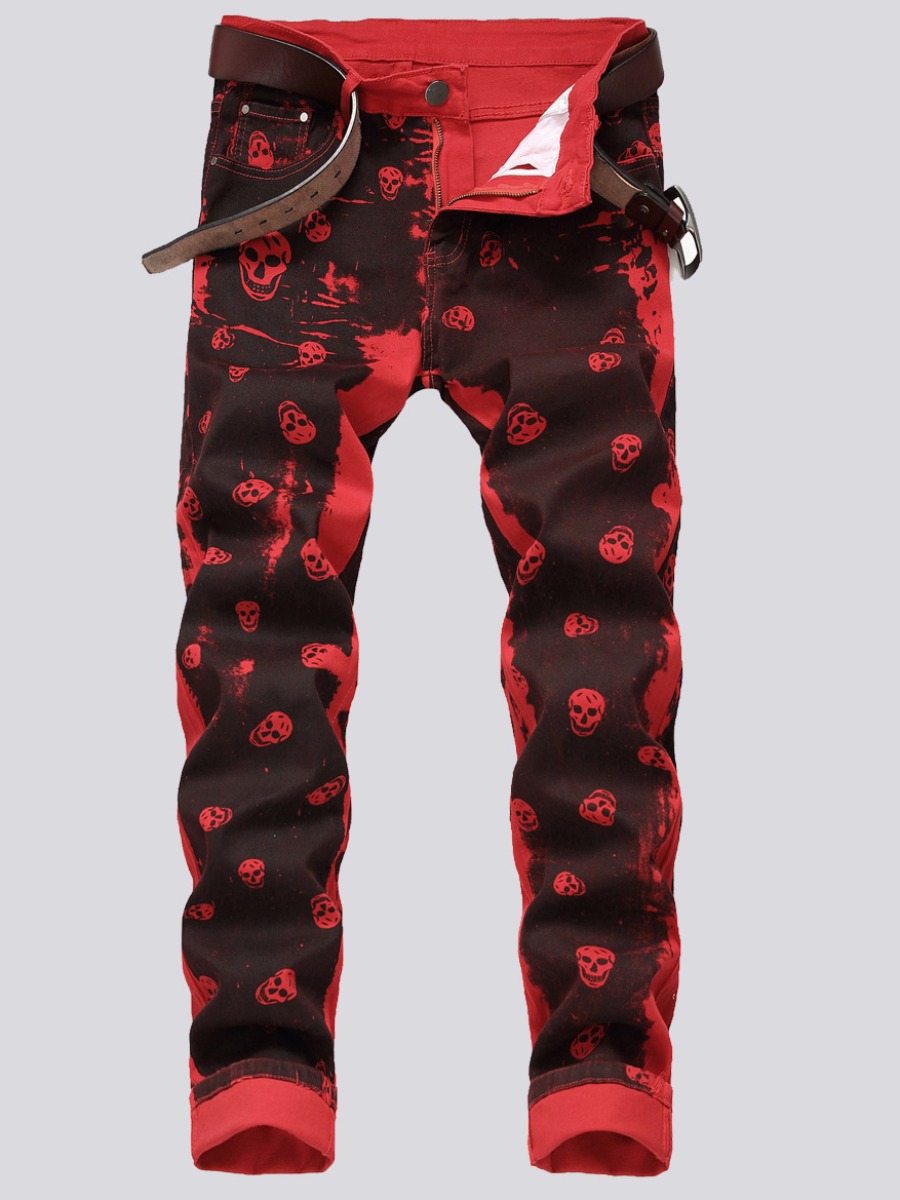 

Lovely Men Street Skull Head Print Patchwork Red Jeans