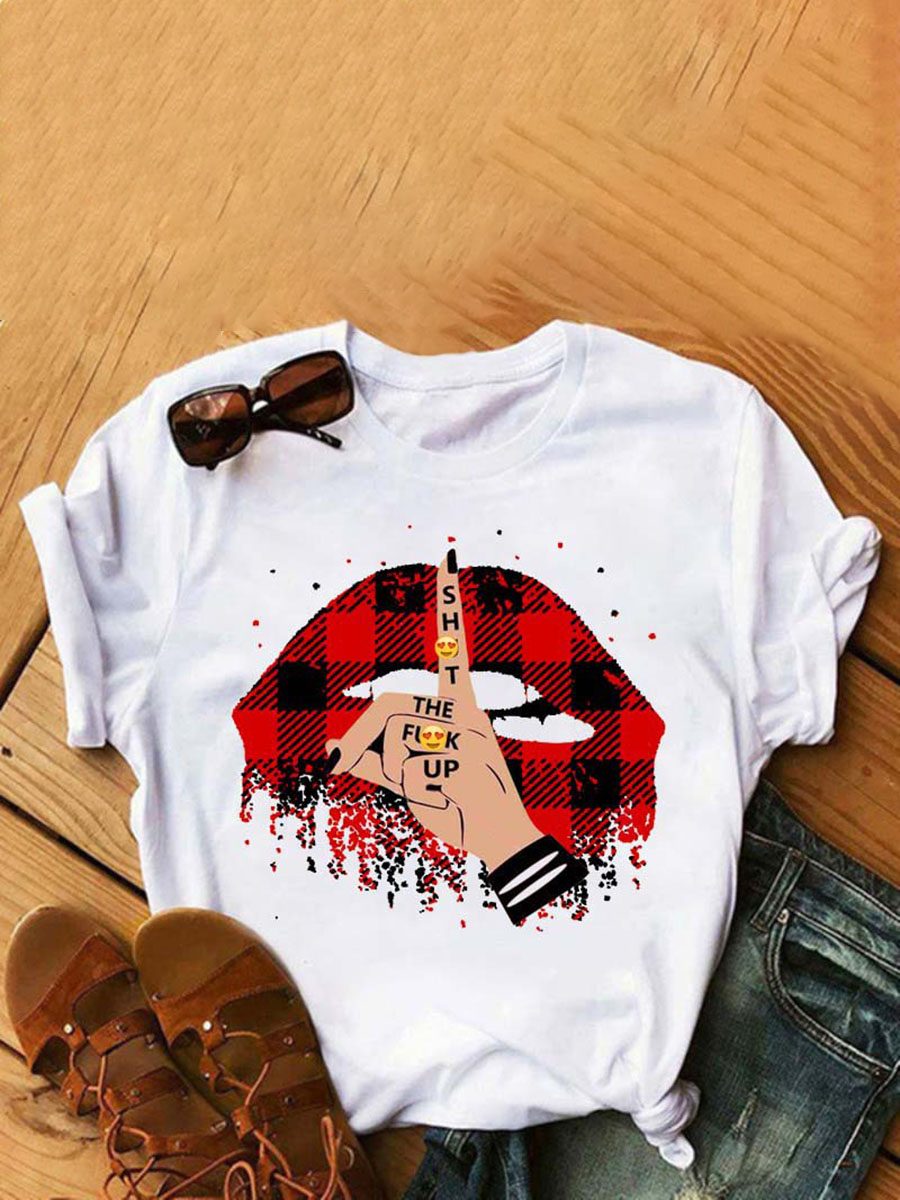 

Lovely Plus Size Casual Plaid Lip Print White T-shirt