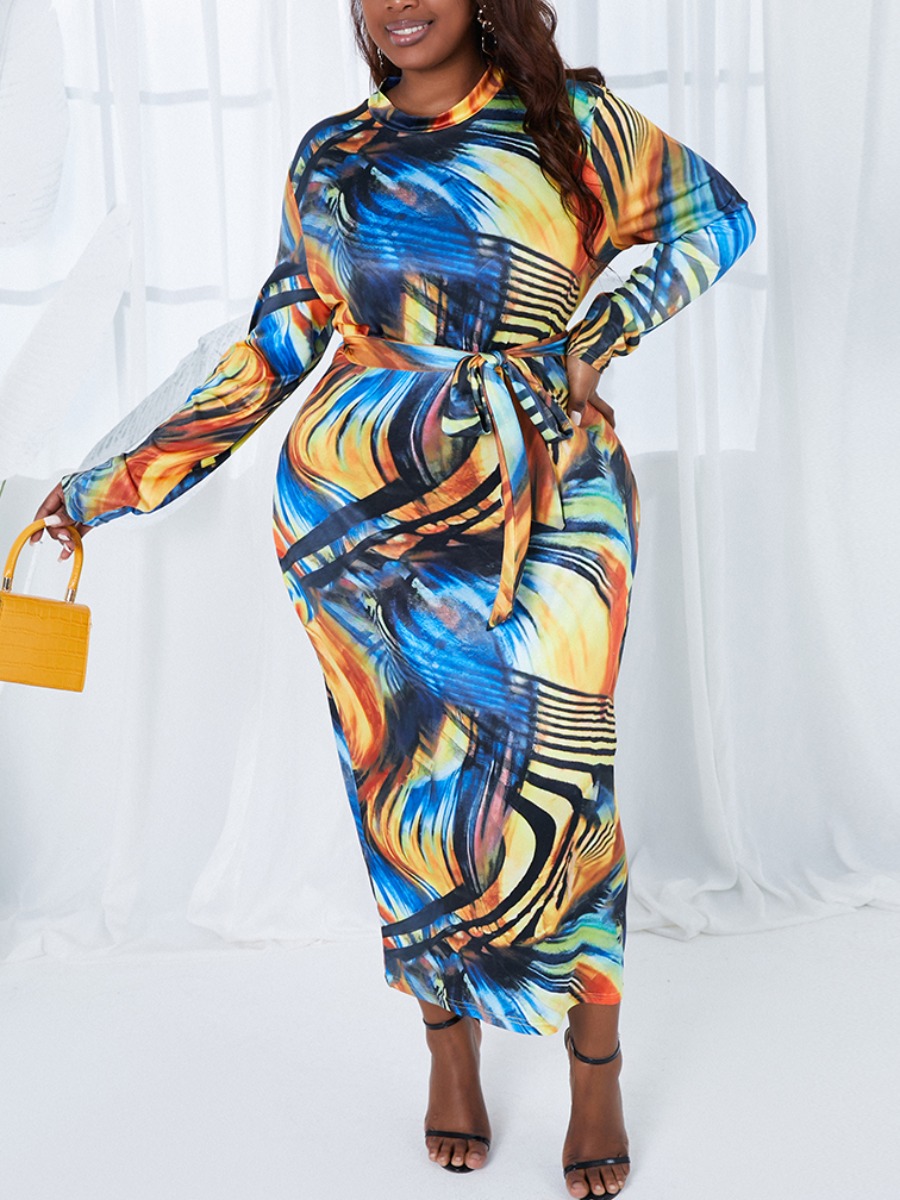 

Lovely Plus Size Boho Print Bandage Design Brown Ankle Length Dress