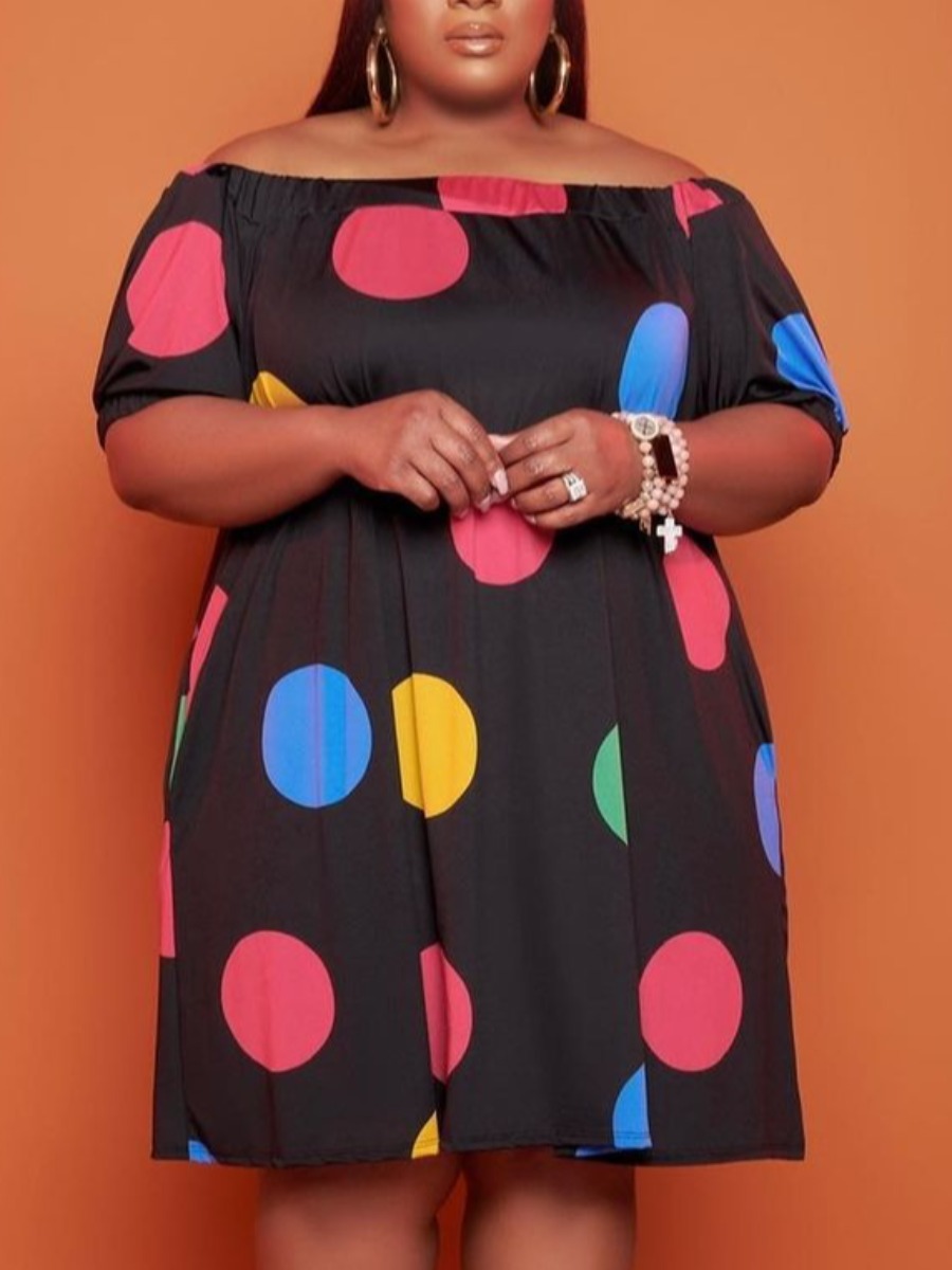 

LW Plus Size Casual Off The Shoulder Dot Print Black Knee Length Dress