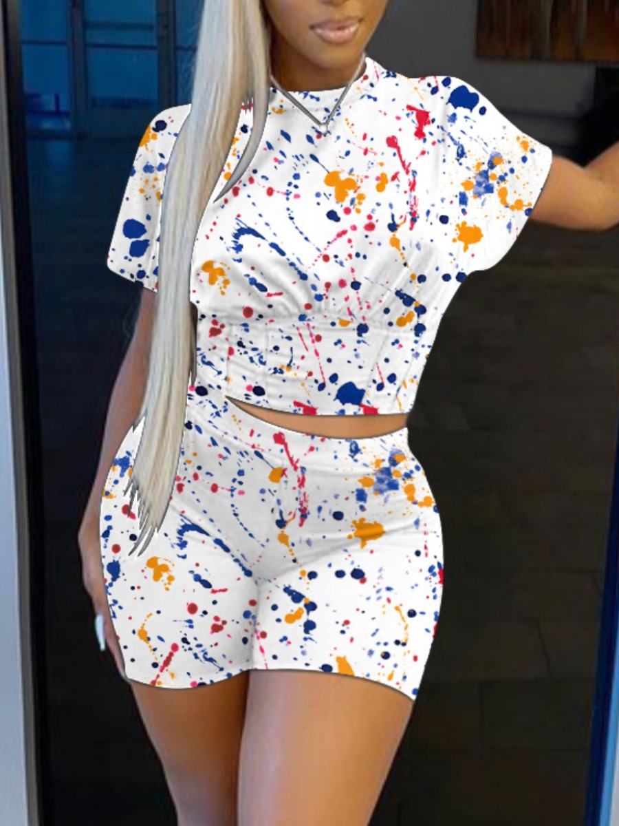 

Lovely Plus Size Casual O Neck Splash Ink Print White Two-piece Shorts Set