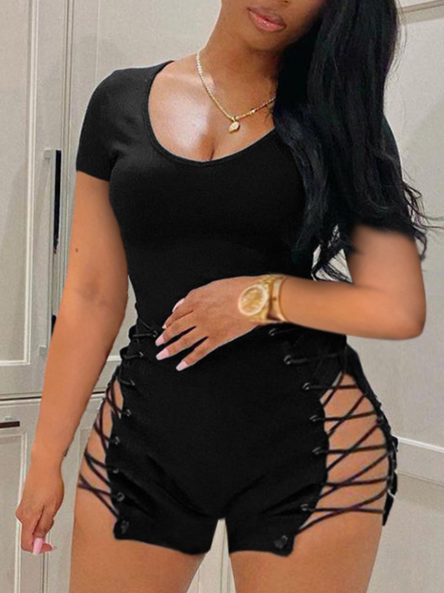 

LW SXY Plus Size Bandage Hollow-out Design Black One-piece Romper