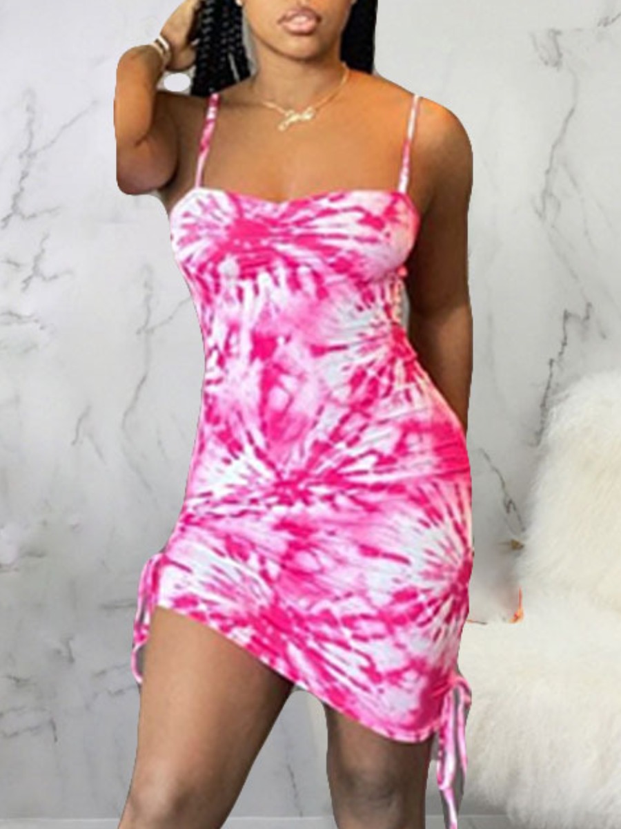 

LW Casual Tie-dye Drawstring Rose Red Knee Length Dress