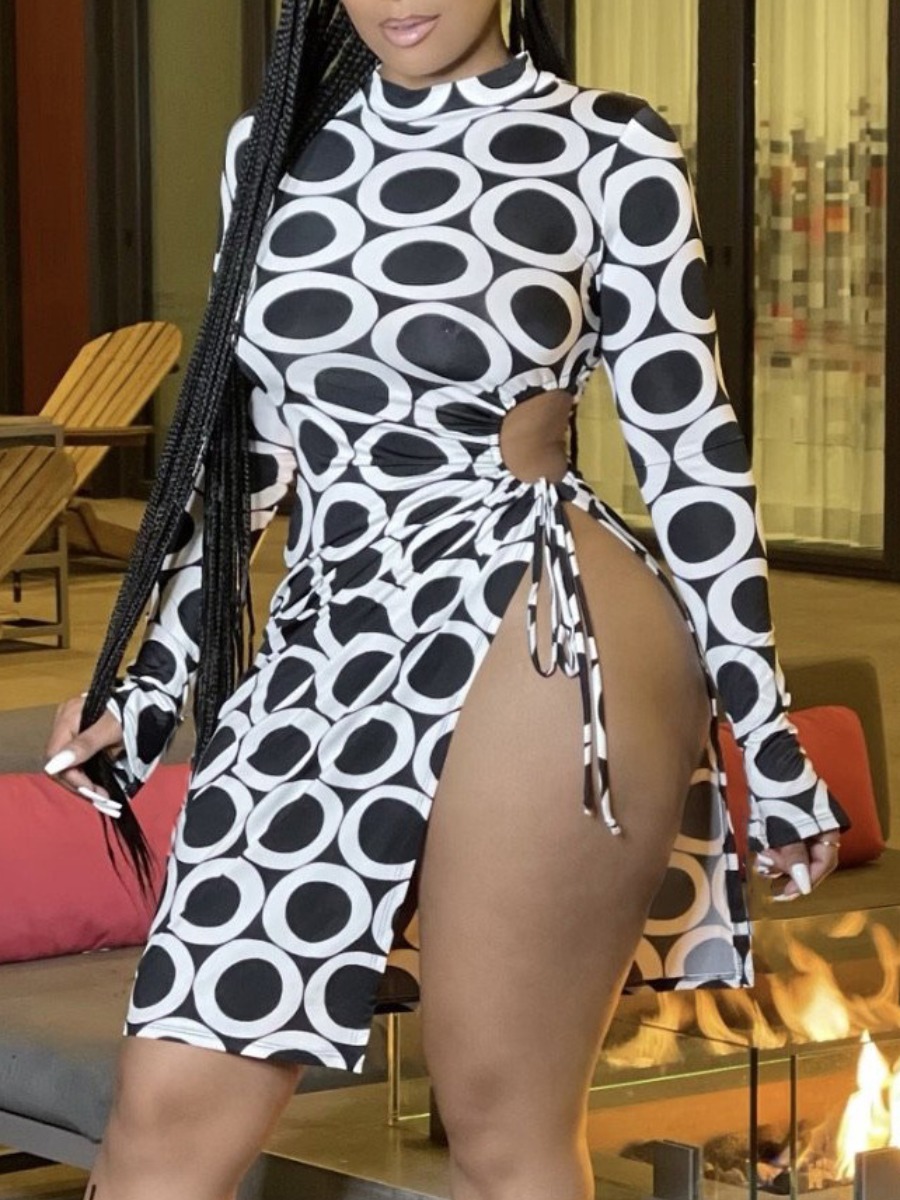 

Lovely Sexy Geometric Print Bandage Design Split Black Knee Length Dress