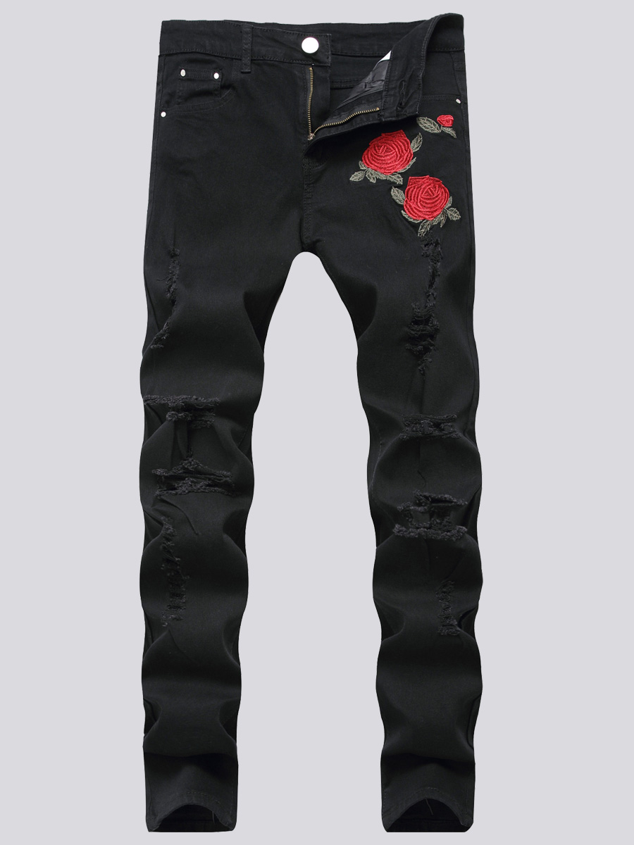 

Lovely Men Street Floral Decoration Ripped Black Jeans