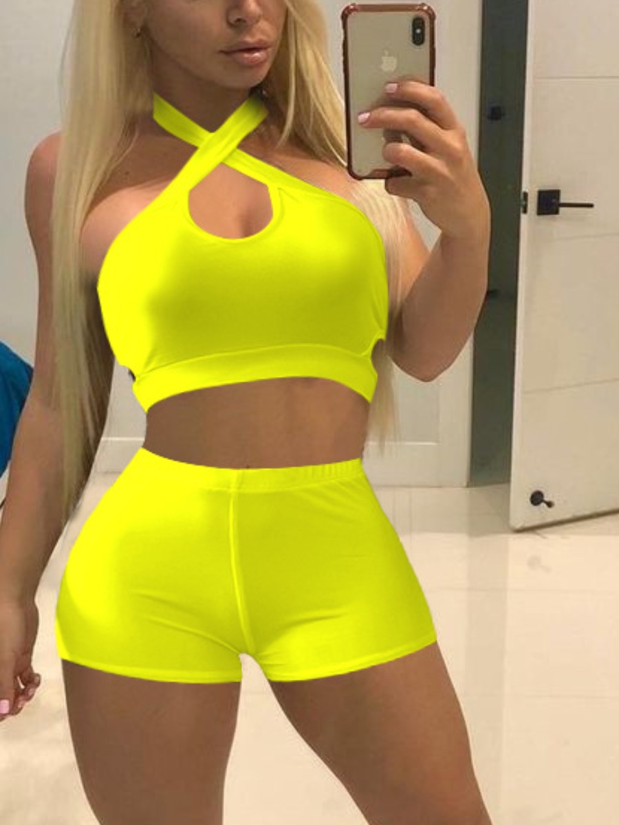 

Lovely Sporty Off The Shoulder Hollow-out Yellow Yoga Two Piece Shorts Set