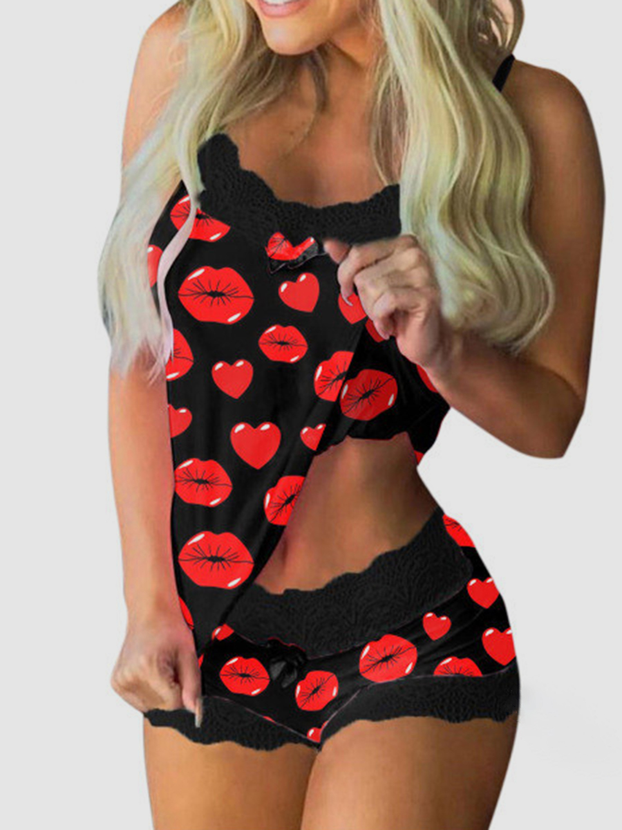 

Lovely Casual U Neck Lip Print Red Sleepwear