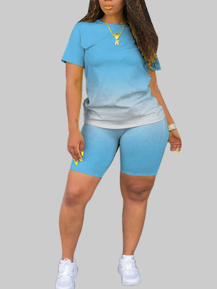 LW Plus Size Street O Neck Gradient Blue Two-piece Shorts Set