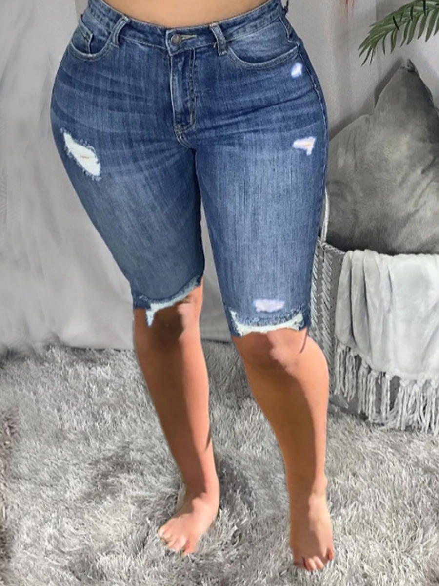 

LW Casual High-waisted Ripped Deep Blue Denim Shorts