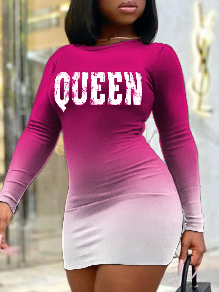 

Lovely Plus Size Street Letter Print Gradient Red Mini Dress, Rose red