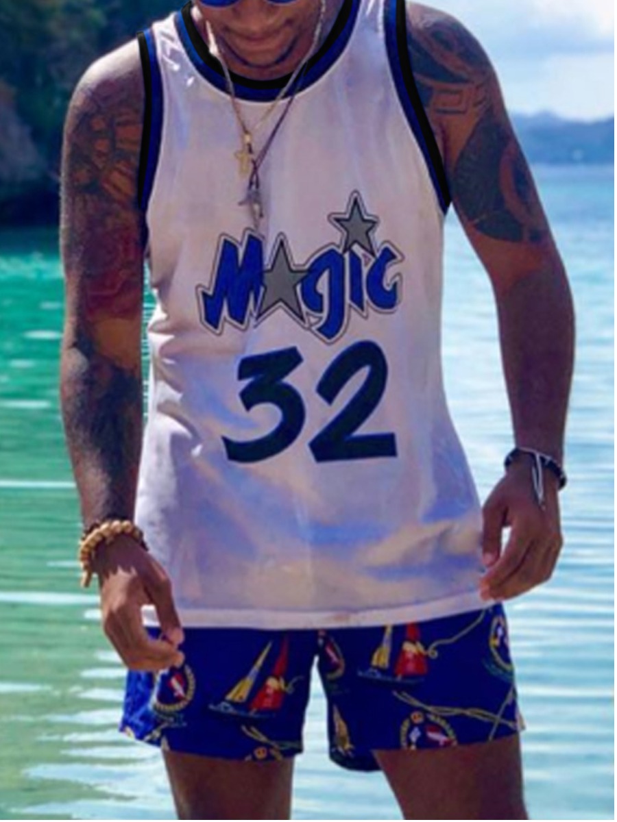 

LW Men Sporty O Neck Letter Print White Vest