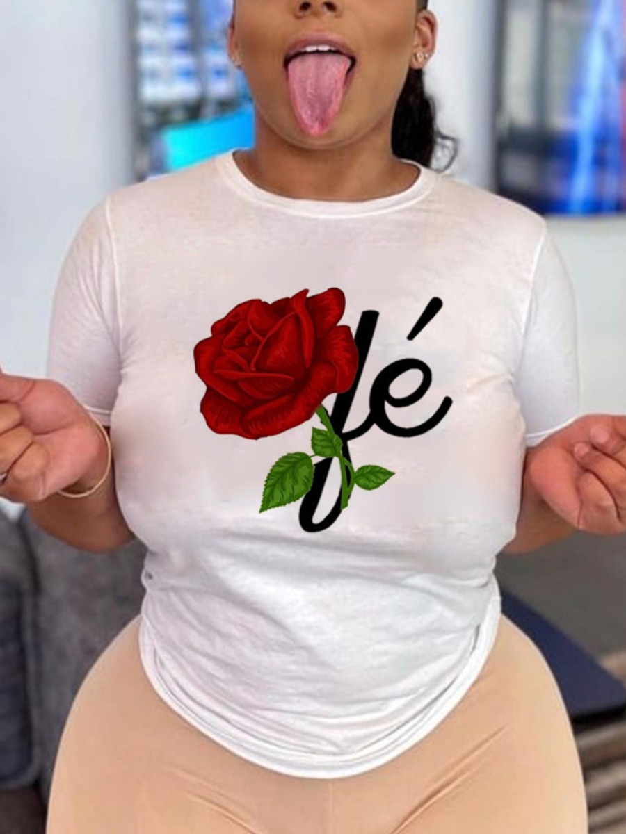 

Lovely Casual Floral Letter Print White T-shirt