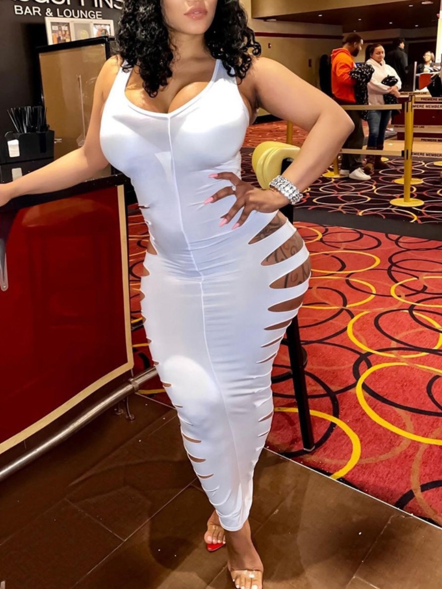 

Lovely Sexy U Neck Ripped White Ankle Length Dress