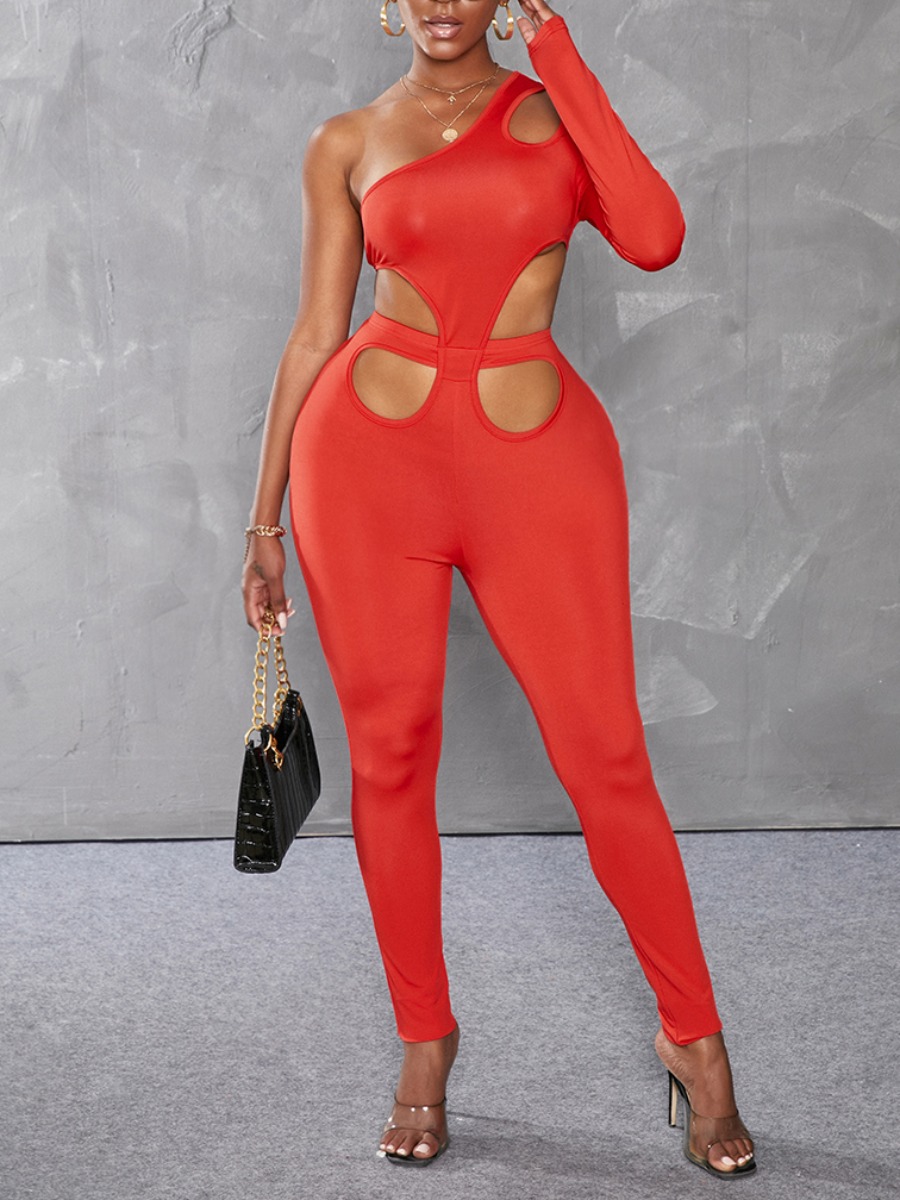 

LW Sexy One Shoulder Hollow-out Red One-piece Jumpsuit