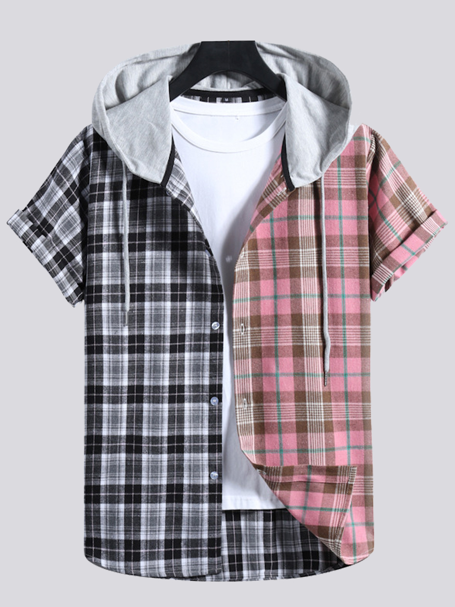 

Lovely Men Casual Hooded Collar Plaid Print Pink Shirt