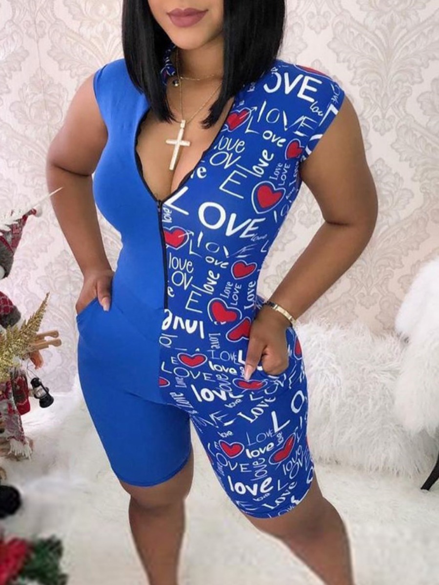 

Lovely Street Heart-shaped Letter Print Blue One-piece Romper