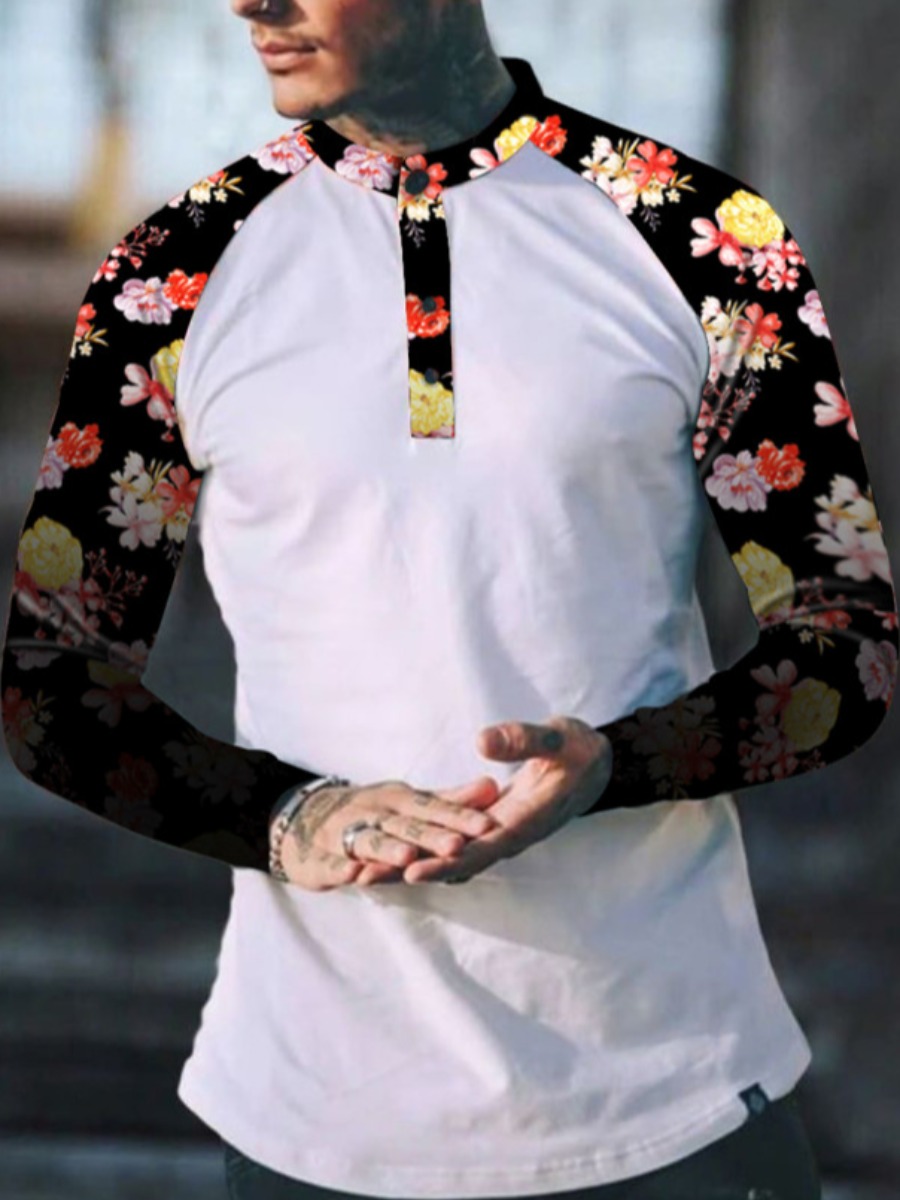 

LW Men Boho Mandarin Collar Floral Print White T-shirt