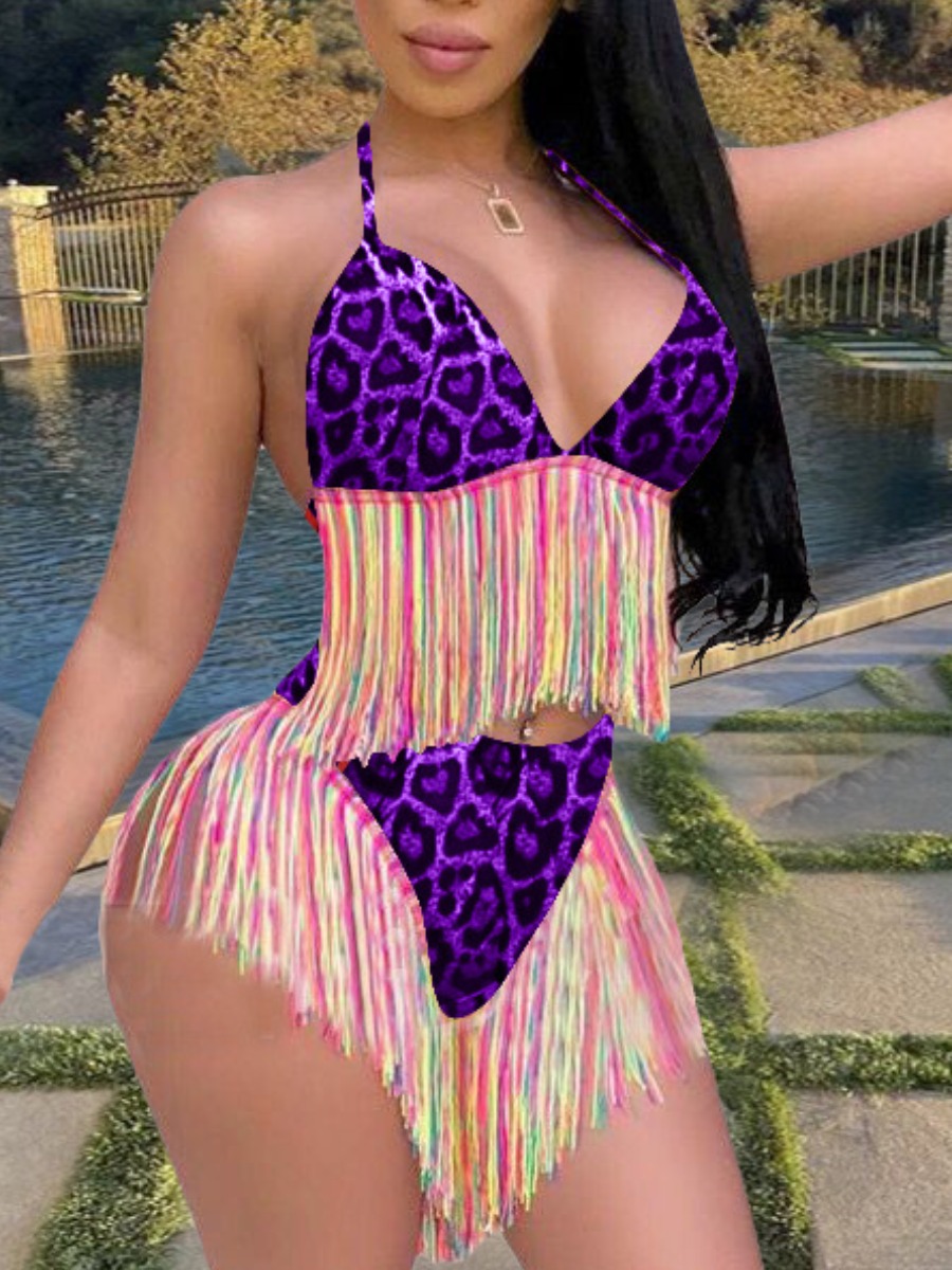 

Lovely Boho Leopard Print Tassel Design Purple Two-piece Swimsuit