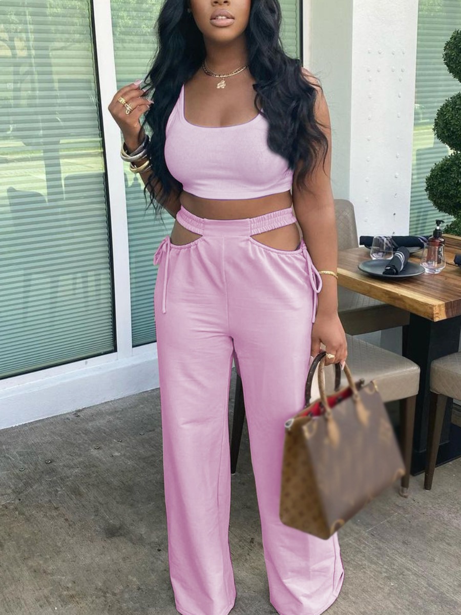 

Lovely Casual U Neck Hollow-out Pink Two Piece Pants Set