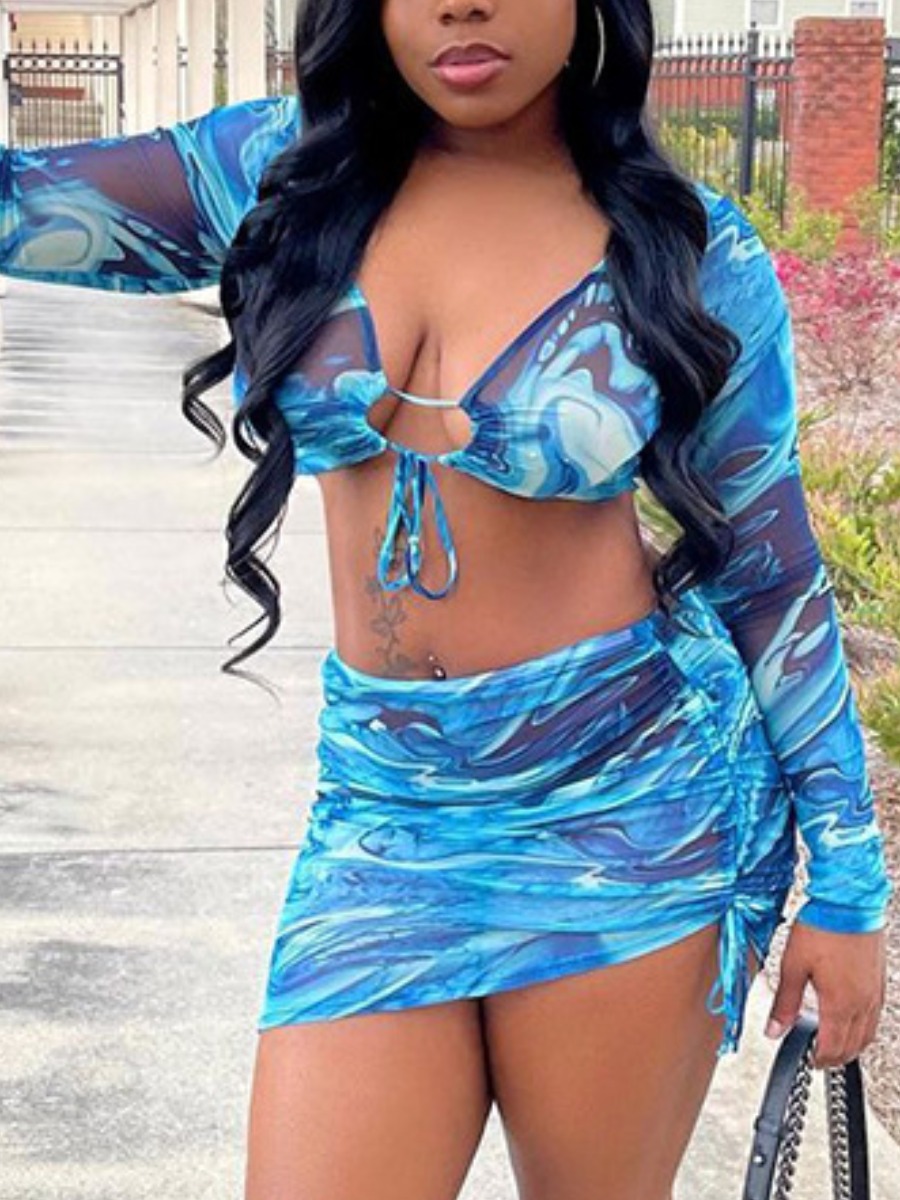 

LW Sexy Print Drawstring Blue Two Piece Skirt Set