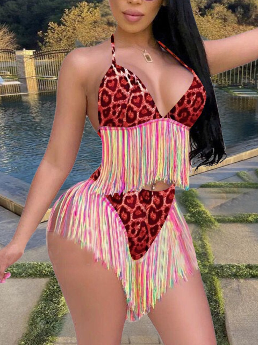 

Lovely Boho Leopard Print Tassel Design Red Two-piece Swimsuit