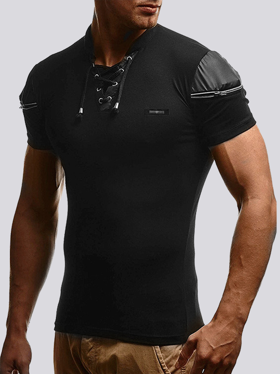 

Lovely Men Casual Zipper Design Drawstring Black T-shirt